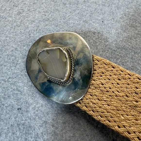 Polished Agate Stone Silver Plate Belt Buckle Braided Woven Jute Raffia 53" - Picture 1 of 12